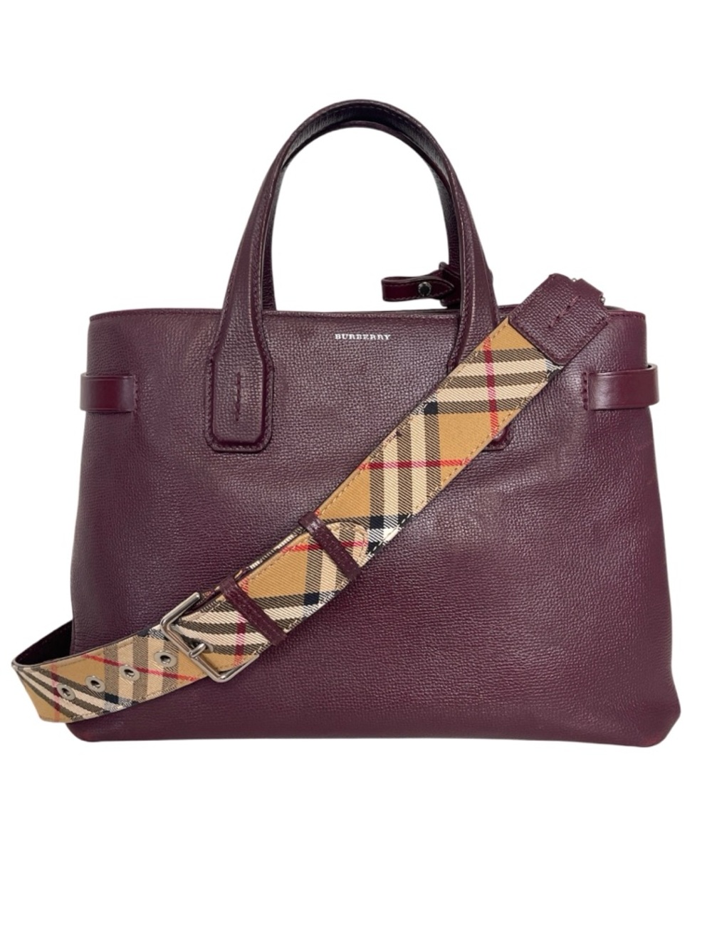 BURBERRY Banner Housecheck Nova Check Maroon Leather Crossbody Tote Career Bag